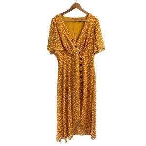 Lulus Women’s XL mustard yellow floral midi flowing dress NWOT boho prairie core